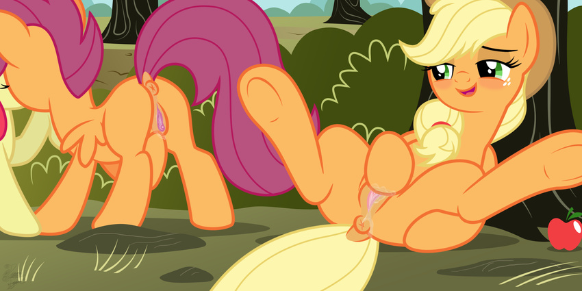 anus apple apple_bloom_(mlp) applejack_(mlp) blonde_hair blush clitoris cub equine female feral freckles friendship_is_magic fruit green_eyes hair hat horse lesbian lying mammal masturbation my_little_pony niggerfaggot open_mouth outside pegasus pony pussy pussy_juice scootaloo_(mlp) solo spread_legs spreading tongue tree vaginal voyeur watching wings young