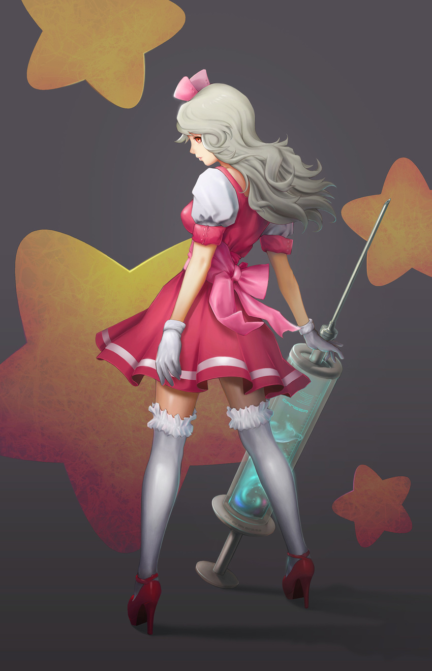 danger frilled_legwear from_behind full_body gin_(justice320) gloves grey_hair hat high_heels highres long_hair looking_back magical_girl nurse_cap oversized_object red_eyes ribbon solo standing star syringe thighhighs white_gloves white_legwear zettai_ryouiki