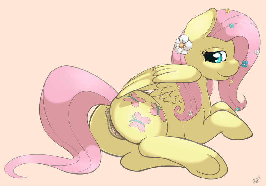 anus cutie_mark equine female feral flower fluttershy_(mlp) friendship_is_magic fur hair horse looking_at_viewer lying mammal my_little_pony pegasus pink_hair plain_background pony pussy ratofdrawn smile solo wings yellow_fur