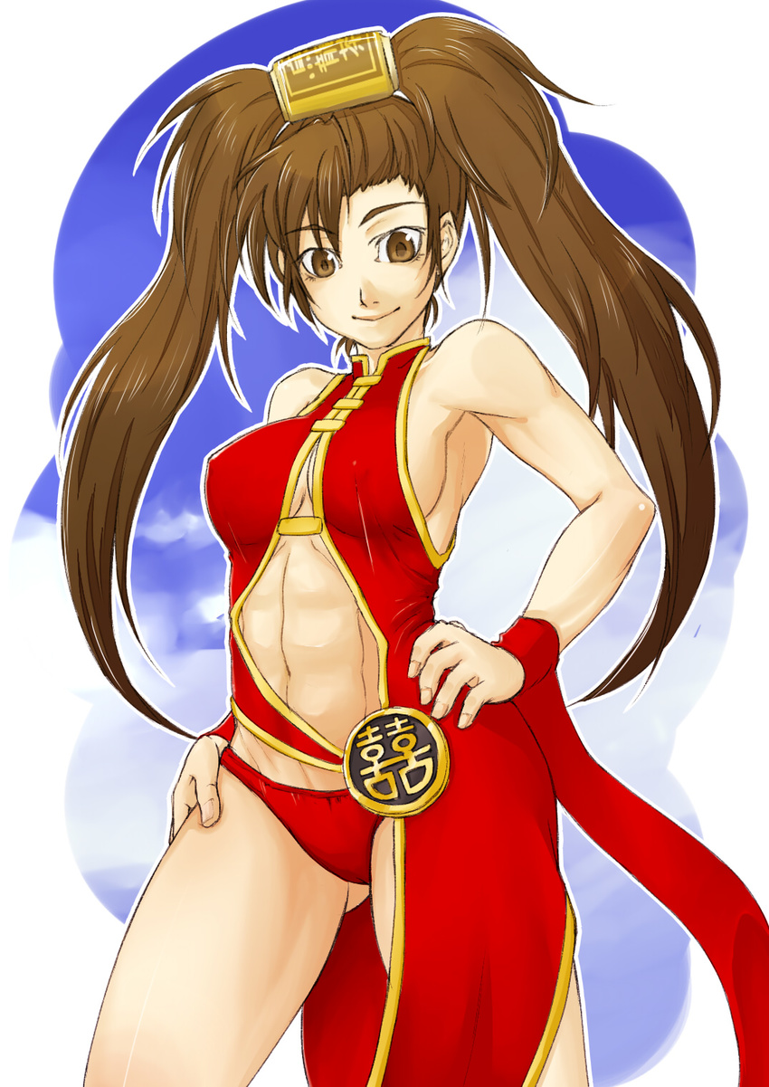 abs alternate_costume alternate_hairstyle asymmetrical_clothes bare_legs bare_shoulders beer_can breasts brown_eyes brown_hair can china_dress chinese_clothes covered_nipples dress e-ko_(keina) guilty_gear hair_ornament hands_on_hips highres kuradoberi_jam large_breasts long_hair muscle no_bra panties red_panties ribbon side_slit sideboob solo thighs twintails underwear wrist_ribbon