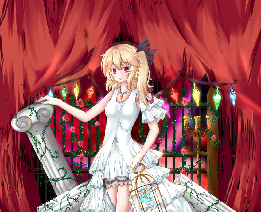 alternate_costume arm_up armpits bare_shoulders birdcage blonde_hair breasts bug butterfly cage candlestand collarbone cross curtains dress flandre_scarlet flower full_moon hair_ribbon highres insect iron_bars jewelry looking_at_viewer medium_breasts mero_(ly21207) moon necklace parted_lips pillar plant red_eyes red_flower red_moon red_rose ribbon rose shadow short_hair side_ponytail sleeveless sleeveless_dress solo touhou vines wings