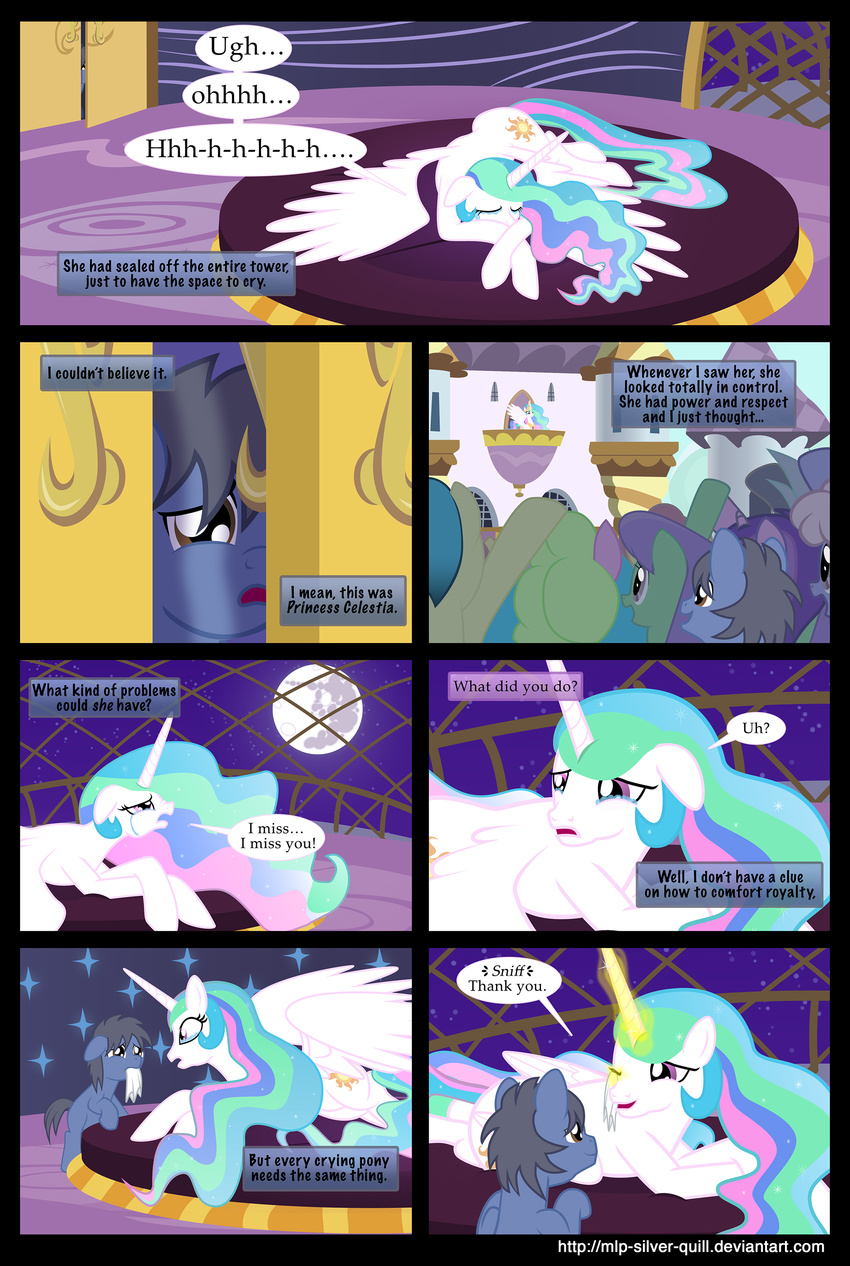 comic crying cutie_mark dialog door english_text equine female feral friendship_is_magic fur glowing group hair horn horse long_hair magic male mammal mlp-silver-quill moon multi-colored_hair my_little_pony one_eye_closed open_mouth original_character pony princess_celestia_(mlp) purple_eyes royalty sky smile stars tears text tongue window winged_unicorn wings