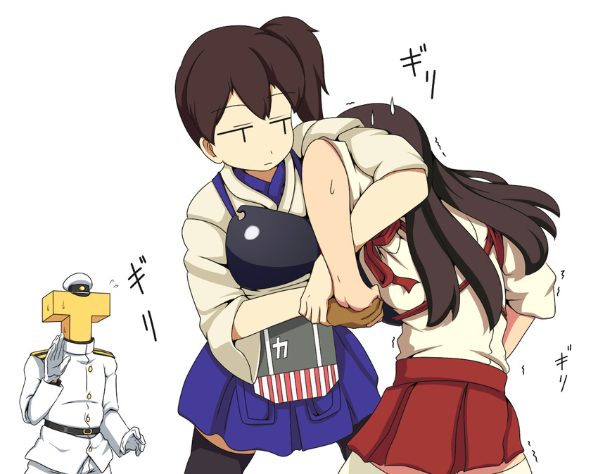 2girls admiral_(kantai_collection) akagi_(kantai_collection) armlock brown_hair fingerless_gloves flying_sweatdrops gloves japanese_clothes kaga_(kantai_collection) kani_club kantai_collection kimura_lock kodoku_no_gourmet long_hair military military_uniform multiple_girls muneate parody partly_fingerless_gloves side_ponytail skirt sweat sweatdrop thighhighs trembling uniform yugake |_|