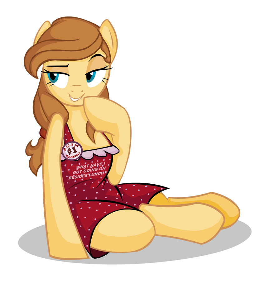 alpha_channel blue_eyes brown_hair button's_mom button's_mom english_text equine female feral fur hair half-closed_eyes horse mammal my_little_pony plain_background pony raised_eyebrow sitting smile solo sundress tan_fur text transparent_background unknown_artist wolfjedisamuel