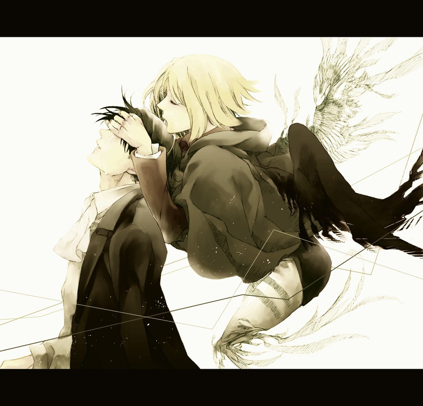 1girl black_hair blonde_hair cape closed_eyes covering_eyes feathered_wings from_side hands_on_another's_face letterboxed levi_(shingeki_no_kyojin) petra_ral saku_(kisaragirion) shingeki_no_kyojin spoilers tears white_background wings