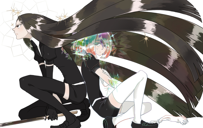 amputee androgynous black_gloves black_legwear bort diamond_(houseki_no_kuni) elbow_gloves from_side gem_uniform_(houseki_no_kuni) gloves gloves_removed houseki_no_kuni katana long_hair multicolored_hair multiple_others rainbow_hair short_hair single_glove sitting sparkle sword tears thighhighs very_long_hair weapon white_background white_legwear yeneny