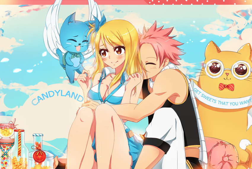 cleavage fairy_tail happy_(fairy_tail) kristallin-f lucy_heartfilia megane natsu_dragneel neko wings