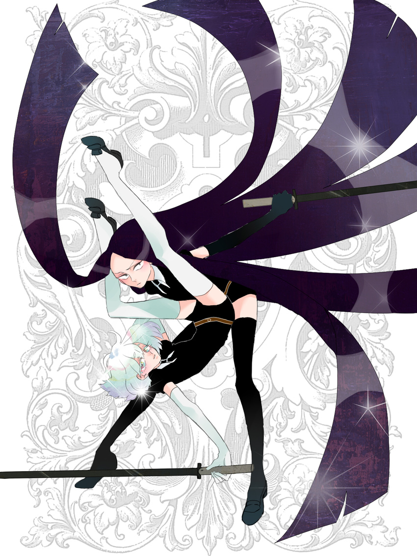 androgynous bad_id bad_pixiv_id black_hair black_legwear bort diamond_(houseki_no_kuni) elbow_gloves gem_uniform_(houseki_no_kuni) gloves highres houseki_no_kuni katana long_hair miniato multiple_others short_hair sword thighhighs upside-down very_long_hair weapon white_hair white_legwear