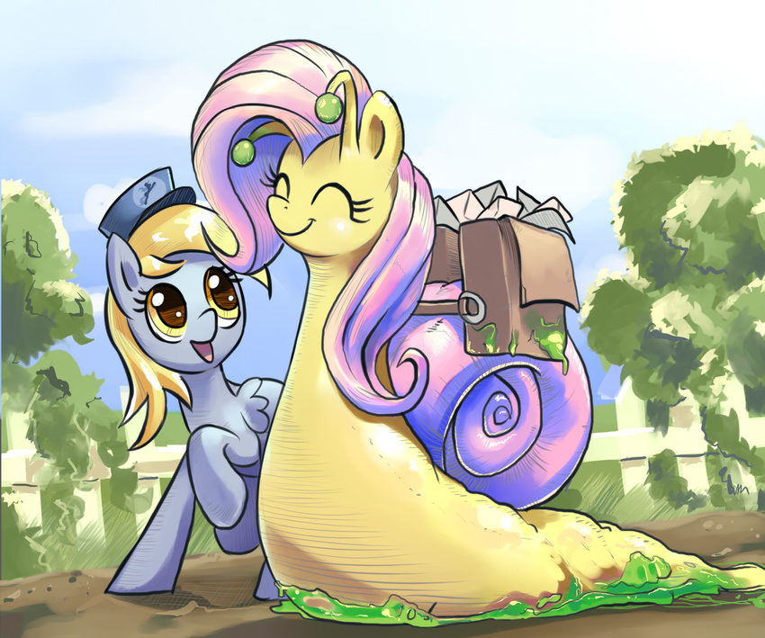 bag blonde_hair derpy_hooves_(mlp) equine eyes_closed female fence feral fluttershy_(mlp) fluttersnail friendship_is_magic gsphere hair herm intersex letter mail mammal my_little_pony outside pegasus pink_hair shell snail snail_mail tree wings yellow_eyes