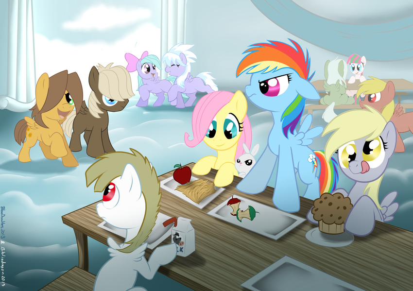 amber_eyes angel_(mlp) apple bibliodragon blonde_hair blossomforth_(mlp) blue_eyes blue_fur blue_hair bow bulk_biceps_(mlp) cloud cloud_chaser_(mlp) clouds cub cutie_mark derpy_hooves_(mlp) equine female feral flitter_(mlp) fluttershy_(mlp) food friendship_is_magic fruit fur green_eyes grey_fur hair hay horse lagomorph long_hair male mammal milk muffin multi-colored_hair my_little_pony open_mouth pegasus pink_hair pony purple_eyes rainbow_dash_(mlp) rainbow_hair red_eyes sibling sky smile straw table tongue tongue_out two_tone_hair white_fur wings yellow_eyes yellow_fur young