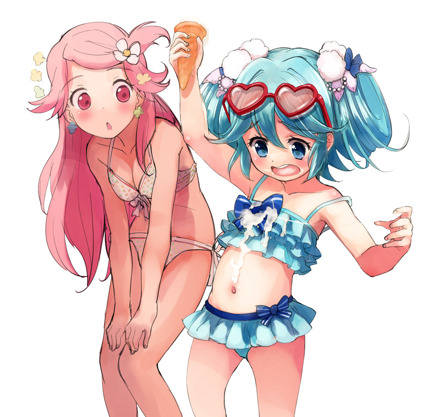 :o arm_up bangs bikini blue_bikini blue_eyes blue_hair blush bow_bikini breast_squeeze breasts cleavage d: earrings eyewear_on_head fantasista_doll fingernails flat_chest flipped_hair flower food food_on_face frilled_bikini frilled_swimsuit frills front-tie_bikini front-tie_top hair_flower hair_ornament hands_on_own_knees heart heart-shaped_eyewear highres ice_cream ice_cream_cone ice_cream_cone_spill jewelry katia_(fantasista_doll) leaning_forward long_hair looking_down multiple_girls navel nyama open_mouth pink_eyes pink_hair shimeji_(fantasista_doll) side-tie_bikini simple_background spill standing strap_slip suggestive_fluid sunglasses swimsuit twintails white_background