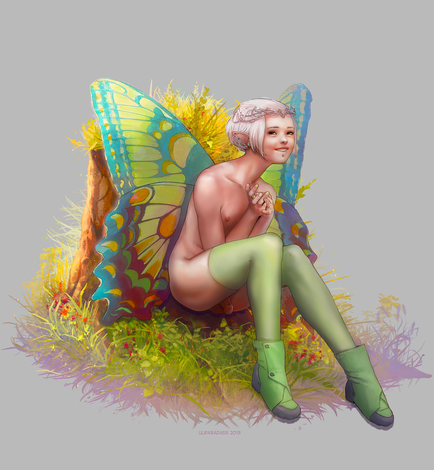 1boy androgynous blonde_hair butterfly crown fairy flat_chest male male_focus original penis pixie pointy_ears shoes short_hair smile socks trap ulrik white_hair wings