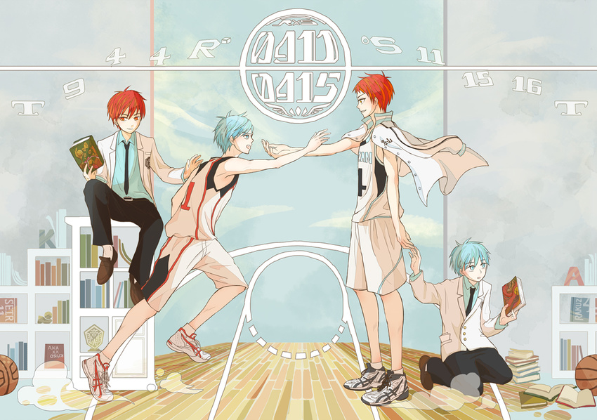 2boys akashi_seijuurou basketball basketball_uniform blue_eyes book jacket_on_shoulders kuroko_no_basuke kuroko_tetsuya male male_focus multiple_boys open_mouth red_eyes shoes short_hair sitting sneakers sportswear standing