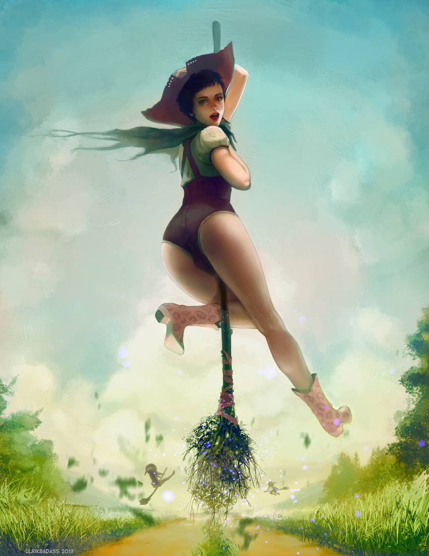 1boy absurdres androgynous ass black_hair boots broom broom_riding dated elf flying grass green_eyes hat high_heel_boots high_heels highres legs looking_at_viewer looking_back male male_focus nature open_mouth original pointy_ears river shoes short_hair sky smile solo_focus trap ulrik water witch