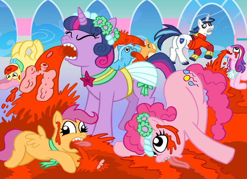 creepy cub curtsibling death equine eyes_closed female feral fluttershy_(mlp) friendship_is_magic gore grotesque_death horn horse male mammal my_little_pony organs pegasus pinkie_pie_(mlp) pony rarity_(mlp) scootaloo_(mlp) tongue unicorn vomit wedding wings young