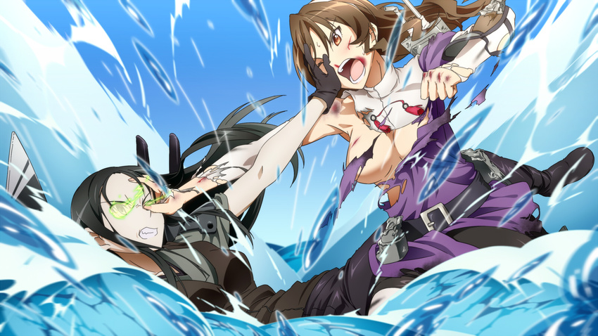 ashigara_(kantai_collection) bad_id bad_pixiv_id battle belt black_hair blood blood_on_face boko_(maniacpurple) breasts brown_eyes brown_hair bruise catfight convenient_censoring cuts duel gloves glowing glowing_eyes highres injury kantai_collection large_breasts long_hair multiple_girls nosebleed open_mouth pale_skin ru-class_battleship screaming shinkaisei-kan splashing torn_clothes water wince