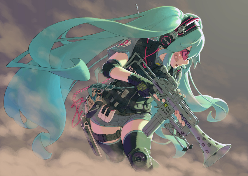 achako_(badendo) aqua_hair bandaid bandaid_on_face battle_rifle belt bipod cable character_name copyright_name dust elbow_pads fingerless_gloves fusion gloves goggles gun hatsune_miku headphones headset holding holding_gun holding_weapon holster knee_pads load_bearing_vest long_hair megaphone microphone military_operator rifle shooting_glasses short_sleeves solo thigh_holster thigh_strap thighhighs trigger_discipline twintails very_long_hair visor vocaloid walkie-talkie weapon yamaha