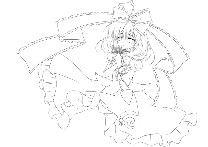 bow dress flower greyscale hair_bow hair_ribbon highres kagiyama_hina lineart long_hair monochrome no_legs ribbon solo spider_lily tears touhou yui_(daijun)