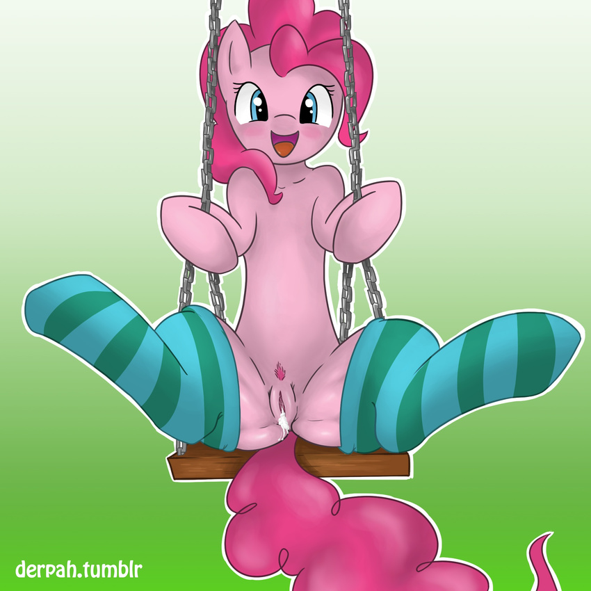 anus blue_eyes blush derpah equine female feral friendship_is_magic fur gradient_background hair happy horse legwear long_hair looking_at_viewer mammal my_little_pony open_mouth pink_fur pink_hair pinkie_pie_(mlp) pony pubes pussy pussy_juice sitting smile solo spread_legs spreading stockings tongue