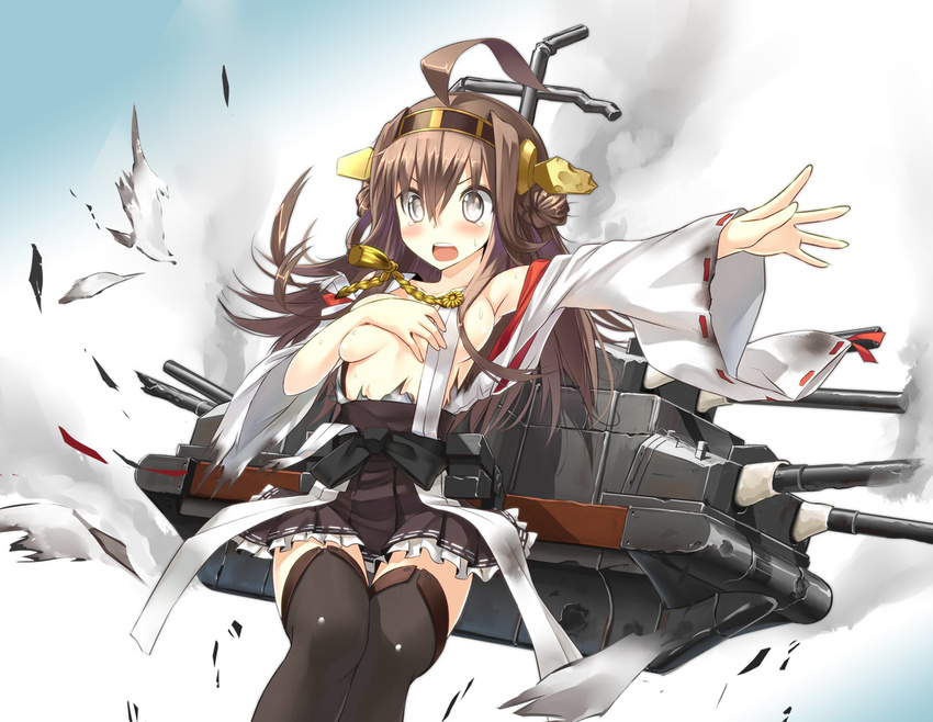 ahoge brown_hair covering covering_breasts detached_sleeves hair_ornament hairband headgear japanese_clothes kantai_collection kongou_(kantai_collection) long_hair open_mouth patricia_(stylish_marunage) solo tears torn_clothes