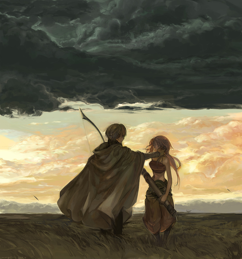 1girl arrow bare_shoulders bow bow_(weapon) cape cloud cloudy_sky crop_top dark_clouds grass hand_on_another's_cheek hand_on_another's_face highres long_hair mangetsu midriff navel original pants quiver short_hair sky sleeveless weapon wind