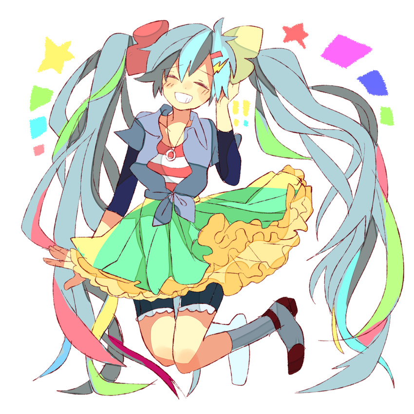 aqua_hair bad_id bad_pixiv_id closed_eyes grin hair_ornament hairclip hatsune_miku highres jewelry lingmuzi long_hair necklace skirt smile socks solo twintails very_long_hair vocaloid white_background