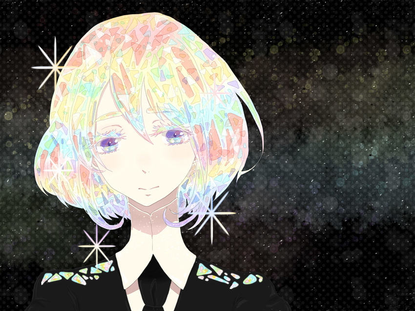 androgynous black_background colored_eyelashes diamond_(houseki_no_kuni) gem_uniform_(houseki_no_kuni) highres houseki_no_kuni multicolored multicolored_eyes multicolored_hair punine rainbow_eyes rainbow_hair reflection short_hair solo sparkle