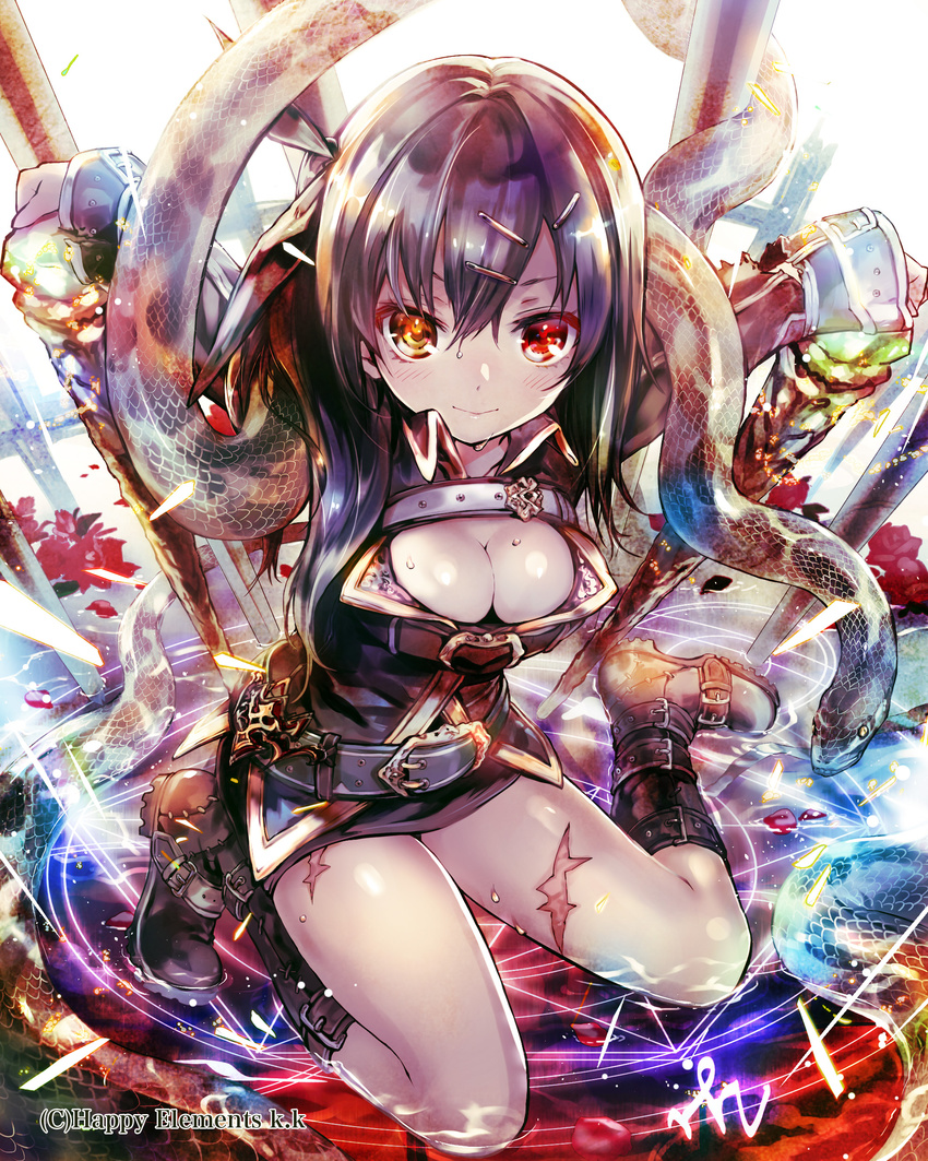 absurdres anatamouta black_hair boots breasts buckle cleavage full_body hair_ornament hairclip heterochromia highres long_hair looking_at_viewer magic_circle medium_breasts one_knee outstretched_arms restrained scar side_ponytail skirt smile snake solo spread_arms thousand_emperors torn_clothes water wet
