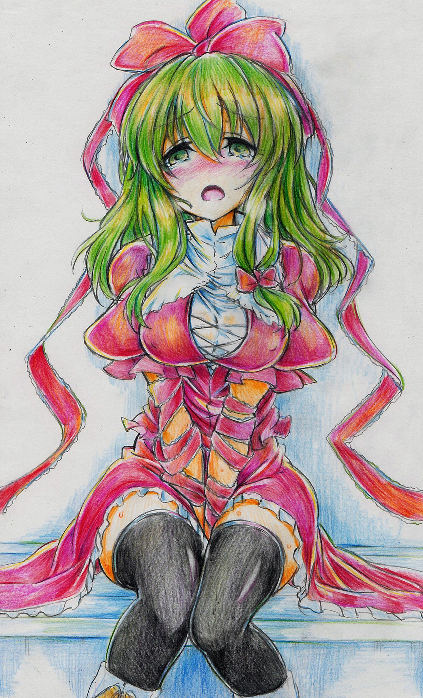 absurdres between_thighs black_legwear blush breasts colored_pencil_(medium) covered_nipples dress frills front_ponytail green_eyes green_hair hair_ribbon have_to_pee highres kagiyama_hina long_hair medium_breasts nichibotsu_(kitaziman) ribbon sitting solo tears thighhighs touhou traditional_media