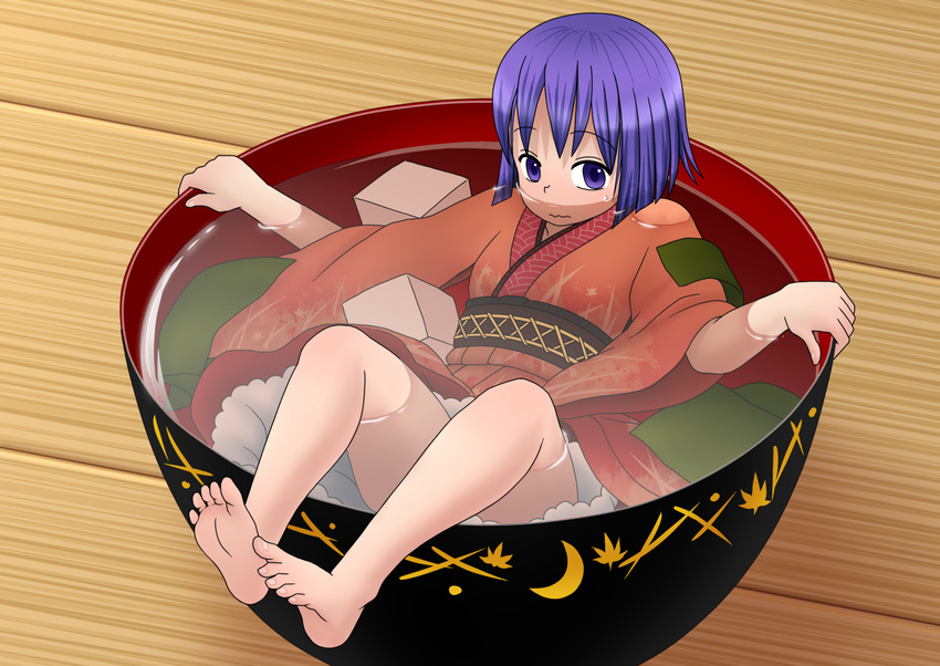bare_legs barefoot blush bowl commentary_request feet food in_bowl in_container in_food iromeki_overdrive japanese_clothes kimono looking_at_viewer minigirl partially_submerged purple_eyes purple_hair seaweed short_hair soles solo soup sukuna_shinmyoumaru toes tofu touhou wavy_mouth