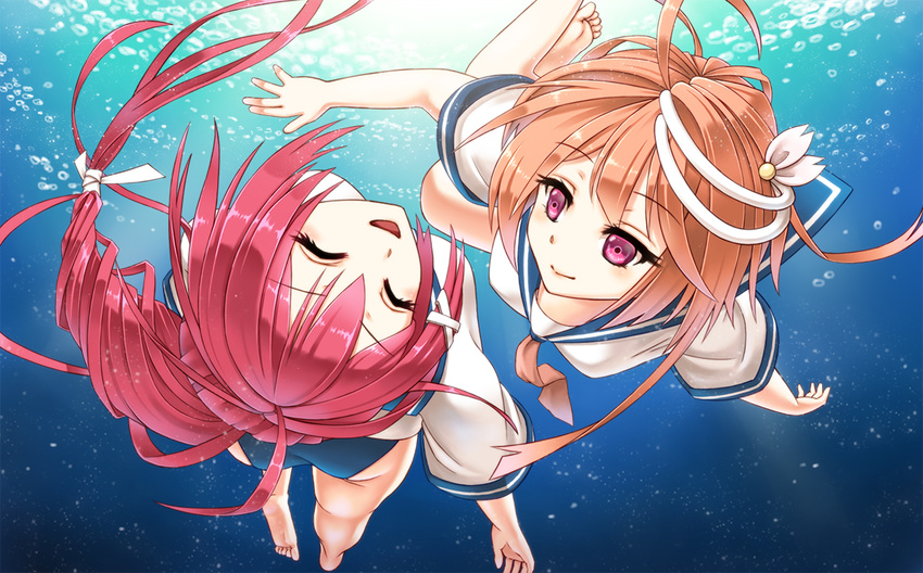 ahoge barefoot blush brown_hair bubble closed_eyes flower freediving hair_flower hair_ornament hair_ribbon i-168_(kantai_collection) i-58_(kantai_collection) kantai_collection long_hair multiple_girls nonaka_hako one-piece_swimsuit open_mouth ponytail red_eyes red_hair ribbon school_swimsuit school_uniform serafuku smile swimming swimsuit swimsuit_under_clothes underwater upside-down