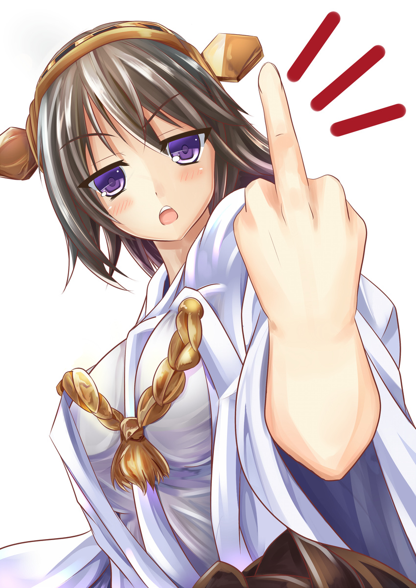 bad_id bad_pixiv_id bare_shoulders breasts brown_hair hairband headgear hiei_(kantai_collection) highres japanese_clothes kantai_collection large_breasts middle_finger open_mouth purple_eyes seuma short_hair solo white_background