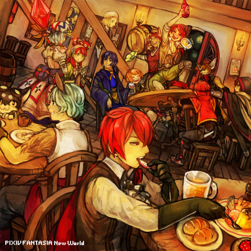 &gt;_&lt; 6+girls akaneko_(redakanekocat) alcohol animal_ears barrel beer blonde_hair blue_hair braid bread brown_hair cafe candle cloak closed_eyes cravat cup dessert dragon dress drinking_glass eating food gloves goggles goggles_on_head green_eyes grin hat highres hood interior juliet_sleeves leg_up long_hair long_sleeves looking_at_another mug multiple_boys multiple_girls pixiv_fantasia pixiv_fantasia_new_world plate pouch pudding puffy_sleeves quill red_eyes red_hair short_hair silver_hair sitting smile spoon staff stairs standing table talking vest wide_sleeves wine wine_glass