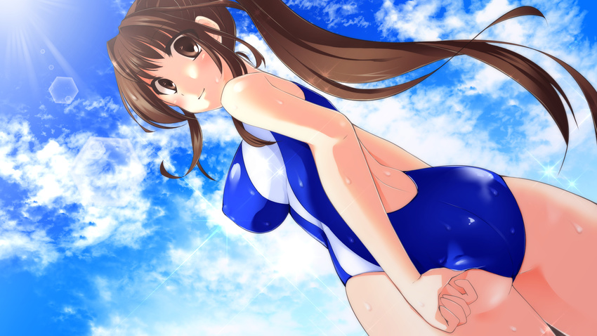 brown_eyes brown_hair competition_swimsuit highres long_hair one-piece_swimsuit original ponytail solo swimsuit tachikawa_kousuke