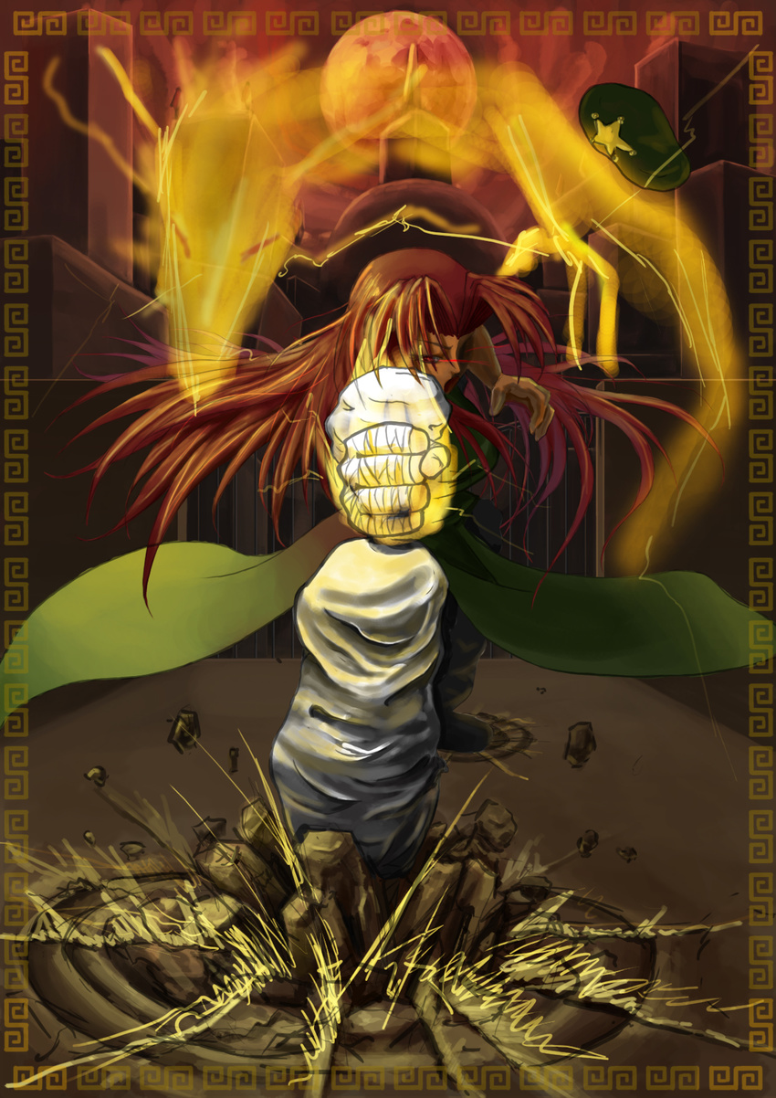 7/11_(fukuso) border clenched_hand dragon full_moon glowing glowing_eyes ground_shatter hat highres hong_meiling long_hair moon punching red_eyes red_hair scarlet_devil_mansion solo star touhou