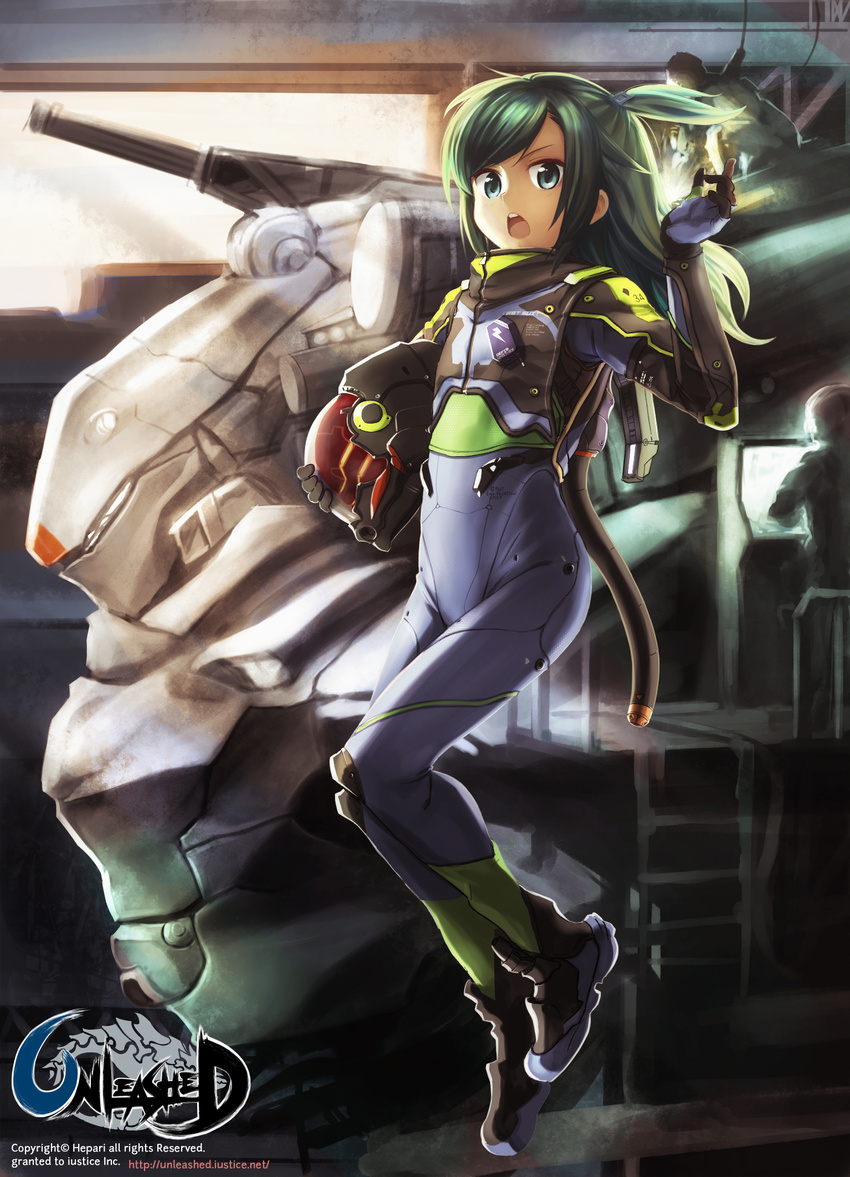 boots computer flat_chest green_eyes green_hair helmet hepari highres long_hair mecha open_mouth pilot_suit short_twintails twintails unleashed