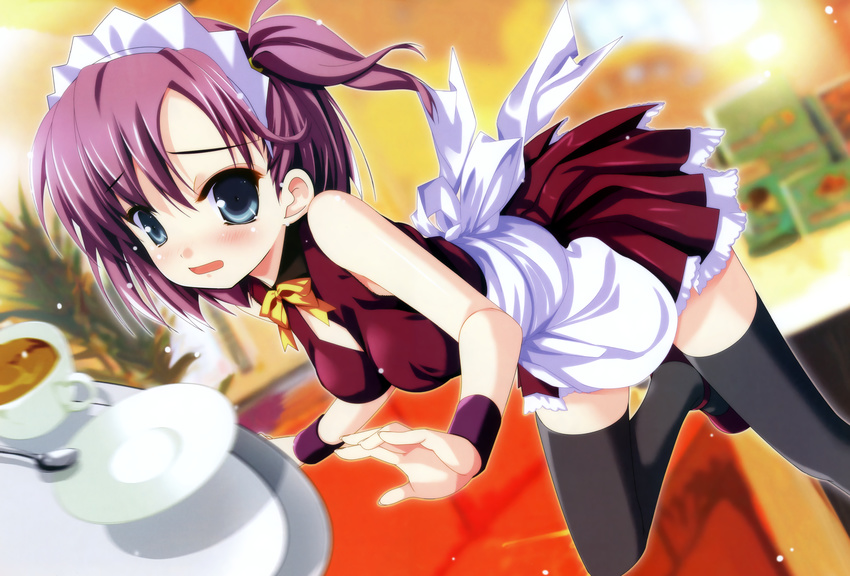 blush dengeki_moeoh green_eyes hagiwara_onsen original purple_hair short_hair thighhighs waitress