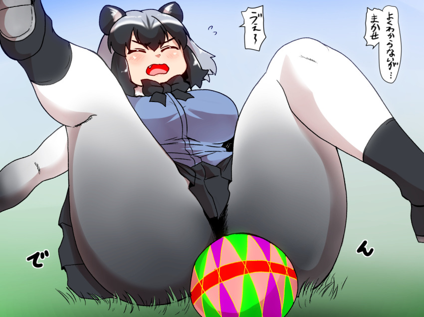 animal_humanoid ball big_breasts black_hair blush bow_tie breasts clothing common_raccoon_(kemono_friends) eyes_closed falling fangs female footwear grey_hair hair humanoid isna kemono_friends legwear mammal multicolored_hair open_mouth procyonid procyonid_humanoid raccoon_humanoid shirt shoes short_hair skirt socks solo text tights translation_request white_hair