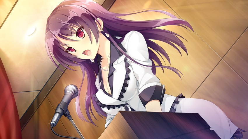 1girl breasts cleavage earrings fujita_konomi jewelry koi_saku_miyako_ni_ai_no_yakusoku_wo_~annaffiare~ long_hair microphone natsume_eri necklace pink_eyes purple_hair