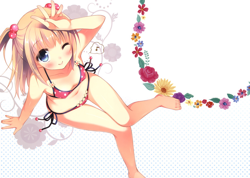 bikini blush brown_hair erect_nipples flowers original pan_(mimi) swimsuit wink