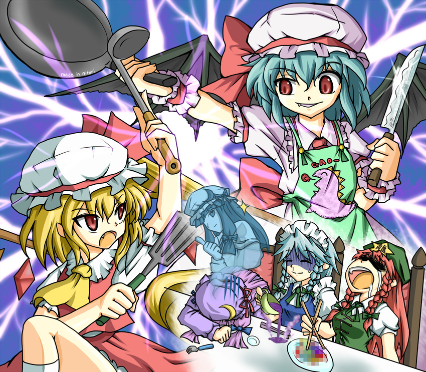 apron ascot bat_wings blonde_hair blue_hair bow braid censored censored_food chair chopsticks clearfile closed_eyes crescent cup fang flandre_scarlet fork frying_pan giving_up_the_ghost hat highres hong_meiling izayoi_sakuya knife ladle long_hair maid maid_headdress multiple_girls open_mouth patchouli_knowledge purple_hair red_eyes red_hair remilia_scarlet saliva short_hair silver_hair sitting skirt skirt_set spatula star sweatdrop table teacup thumbs_up touhou twin_braids wings