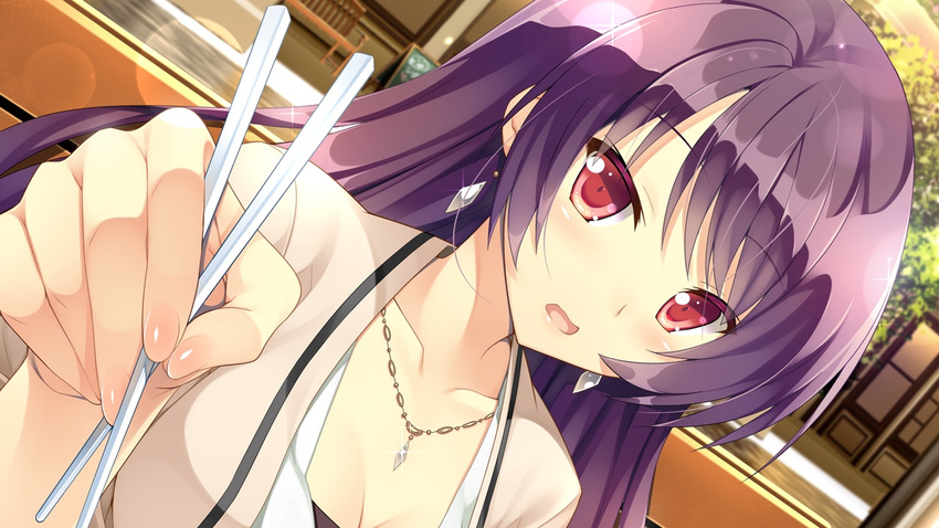 1girl blush chopsticks close fujita_konomi game_cg jewelry koi_saku_miyako_ni_ai_no_yakusoku_wo_~annaffiare~ long_hair natsume_eri necklace pink_eyes purple_hair