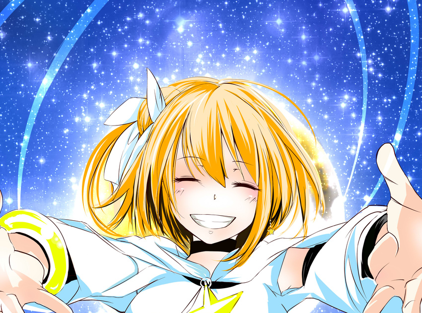 bad_id bad_pixiv_id blonde_hair blush closed_eyes facing_viewer grin highres kagerou_project kisaragi_momo negoto outstretched_arms short_hair sky smile solo star_(sky) starry_sky