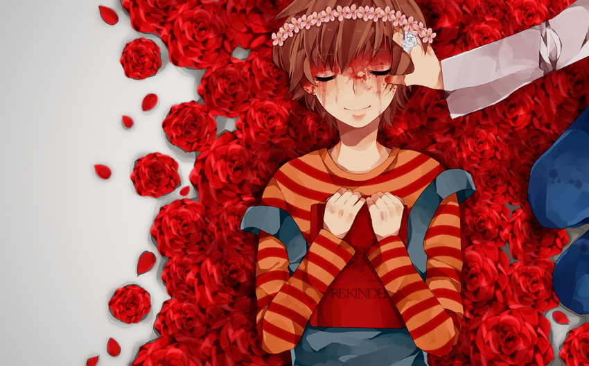 blood blood_on_face bloody_tears book closed_eyes crown death flower hand_on_another's_head highres jewelry lying mizuoka_yuuichi multiple_boys re:kinder red_flower red_rose ring rose seriko_(seo77000) shirt short_hair spoilers striped striped_shirt suspenders takano_shunsuke white_shirt