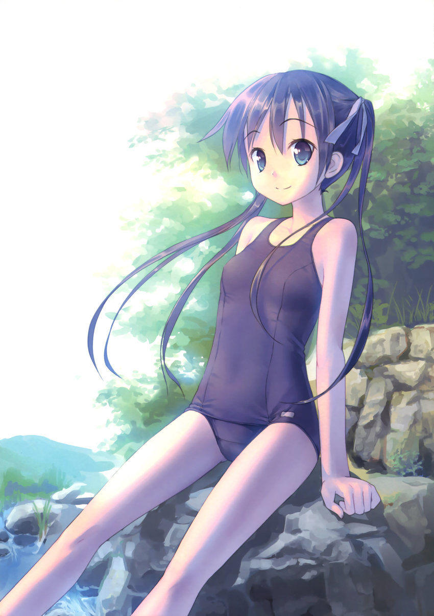 absurdres black_hair blue_eyes hair_ribbon highres long_hair looking_at_viewer one-piece_swimsuit original outdoors ribbon school_swimsuit sitting smile solo swimsuit takoyaki_(roast) twintails