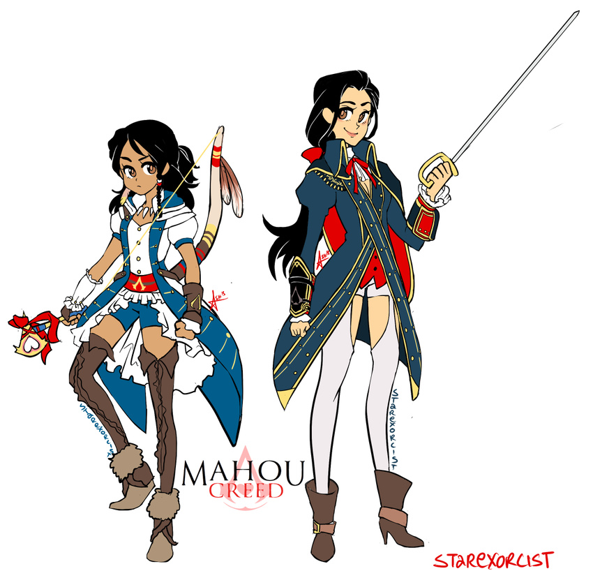 2girls artist_name ashley_ann_swaby assassin's_creed_(series) assassin's_creed_iii black_hair boots breasts brown_eyes cleavage clenched_hand commentary connor_kenway copyright_name dark_skin dated genderswap hair_ribbon haytham_kenway high_heels jewelry logo long_hair magical_girl multiple_girls necklace parody ribbon signature simple_background smile thigh_boots thighhighs tomahawk white_background