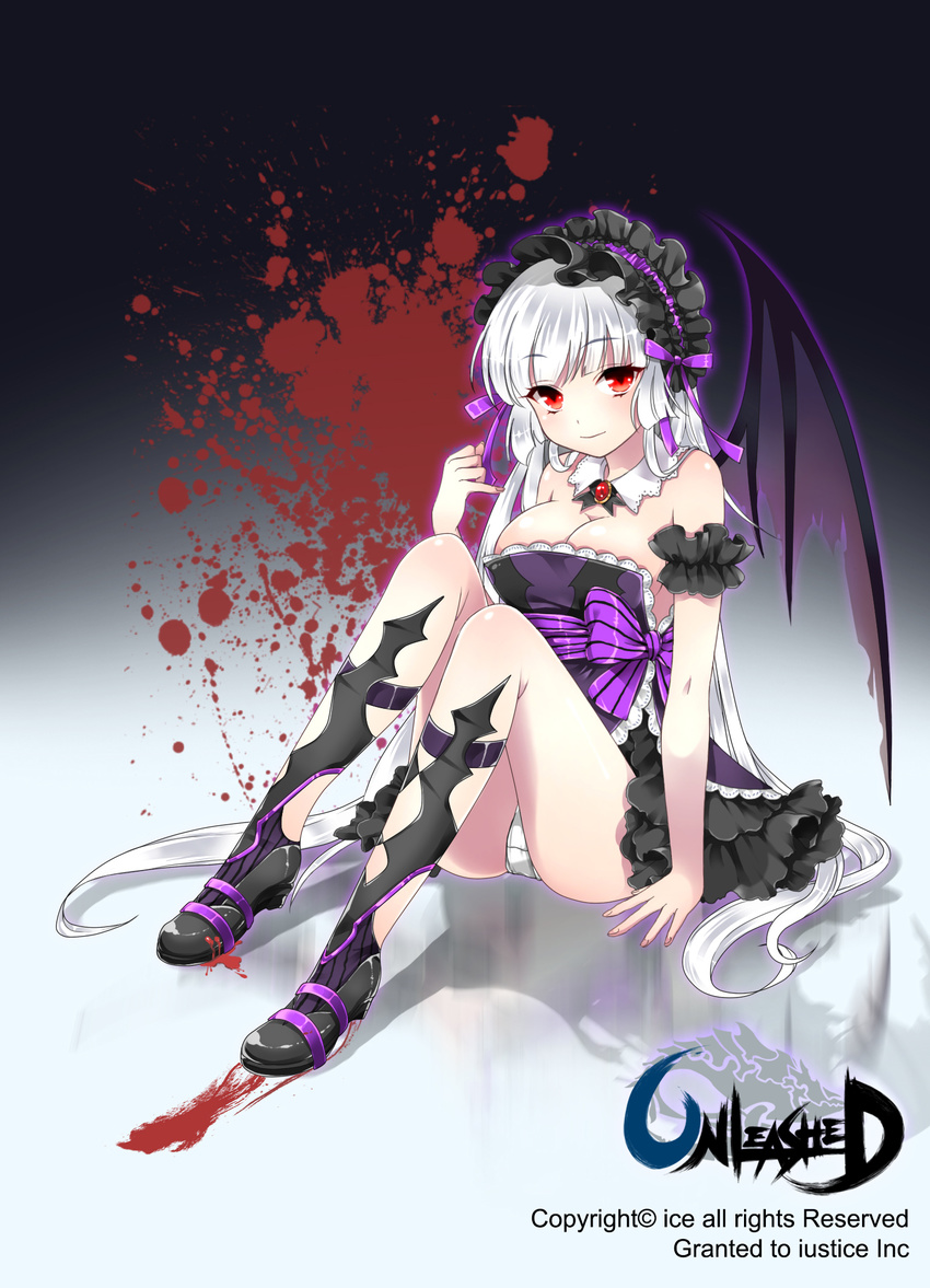 armband bad_id bad_pixiv_id bare_shoulders bat_wings blood blood_splatter boots bow breasts cleavage collar demon_girl frills hairband highres hime_cut ice_(ice_aptx) large_breasts lolita_hairband long_hair panties pantyshot pantyshot_(sitting) red_eyes silver_hair sitting solo succubus underwear unleashed very_long_hair white_panties wings