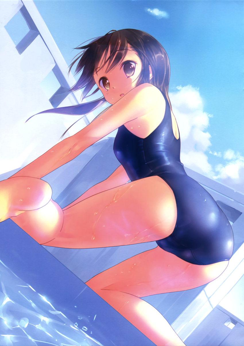 absurdres all_fours ass barefoot brown_eyes brown_hair cloud day dutch_angle from_behind highres long_hair looking_back one-piece_swimsuit open_mouth original pool poolside scan school_swimsuit shiny shiny_clothes sky solo swimsuit takoyaki_(roast) water wet