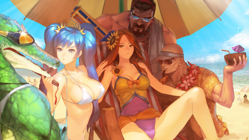 4girls :o annoyed bag bald bangs bare_shoulders beach beach_umbrella beard bendy_straw bikini blue_eyes blue_hair breasts brown_eyes brown_hair casual_one-piece_swimsuit chair cleavage cocktail_umbrella coconut drinking_straw ezreal facial_hair fan flower folding_fan fruit_cup goatee goggles hair_flower hair_ornament hawaiian_shirt headphones highres holding holding_fan instant_ip knee_up large_breasts league_of_legends lee_sin lei leona_(league_of_legends) lizardman long_hair looking_at_another lounge_chair malcolm_graves multicolored multicolored_clothes multicolored_swimsuit multiple_boys multiple_girls mustache navel nidalee ocean one-piece_swimsuit orange_sarong orianna_reveck outdoors parted_lips pool_party_graves pool_party_lee_sin pool_party_leona pool_party_renekton puckered_lips renekton sarong shade shirt short_sleeves shoulder_bag sitting smile sona_buvelle strap_gap string_bikini sunflower sunglasses sunlight swimsuit taric tropical_drink twintails umbrella visor_cap water_gun when_you_see_it white_bikini