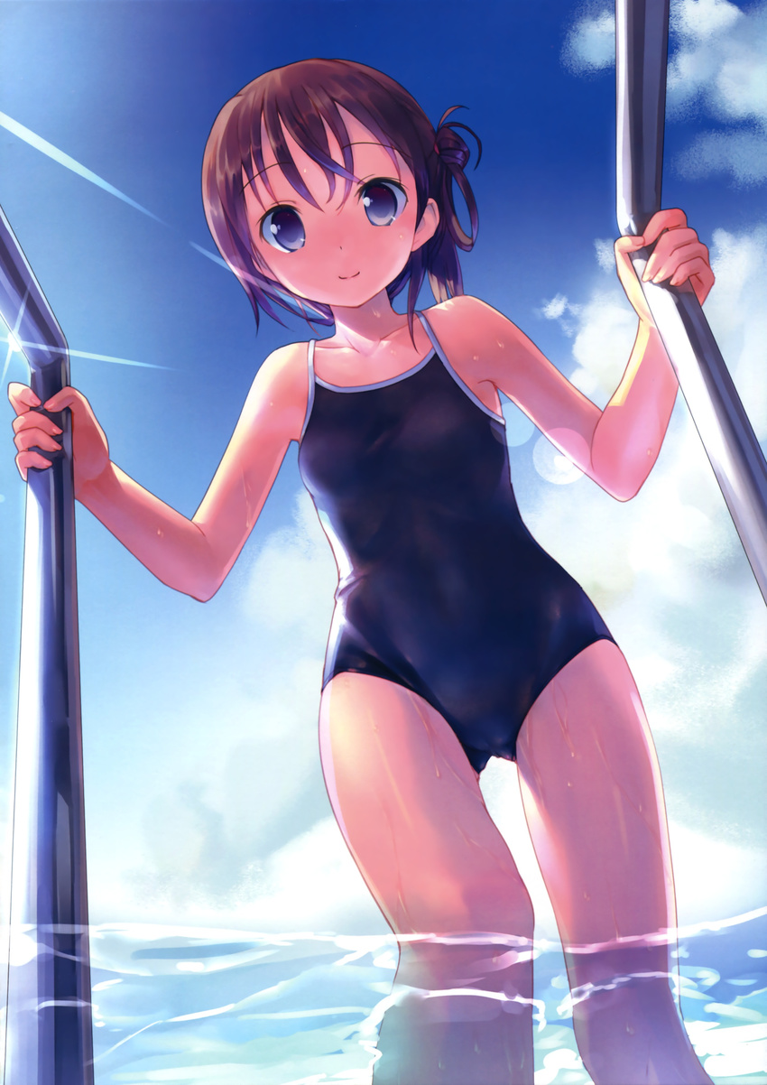 absurdres blue_eyes brown_hair cloud competition_school_swimsuit day highres long_hair looking_at_viewer one-piece_swimsuit original pool pool_ladder poolside school_swimsuit side_ponytail sky smile solo swimsuit takoyaki_(roast) wading water wet